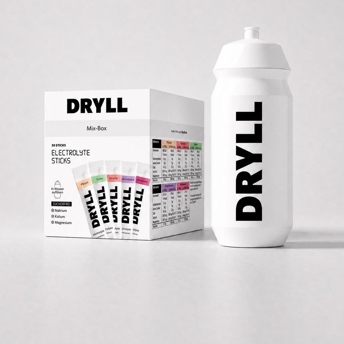 DRYLL Elektrolyt Sticks Mix-Box mit Trinkflasche